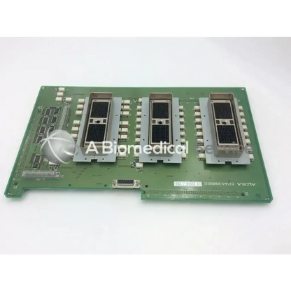 Green aloka ep443800ee ssd4000 probe selector board assembly with three silver modules and electronic components