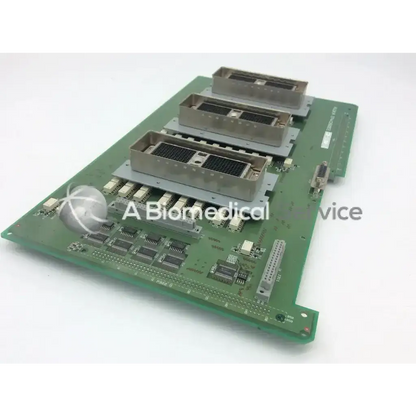 Green printed circuit board with three metallic connectors and components in aloka ep443800ee ssd4000 probe selector board