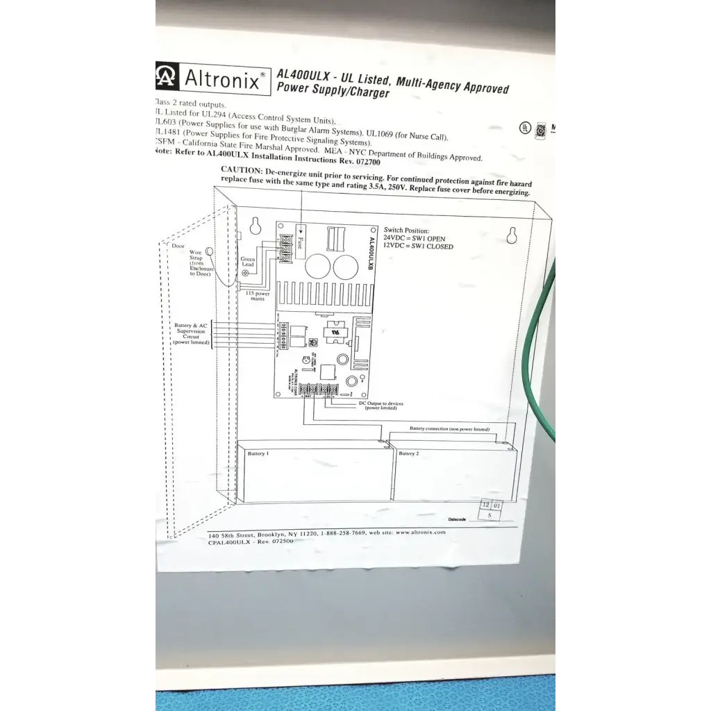 Altronix al400ulx power supply charger with schematic diagram and labeled components in black metal housing