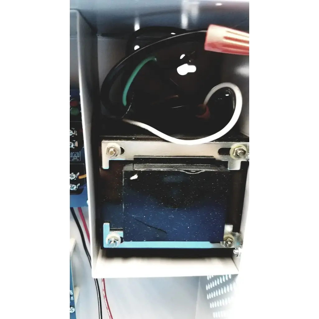 Black altronix smp5ctx high current power supply charger with silver brackets and green white wiring visible from back side