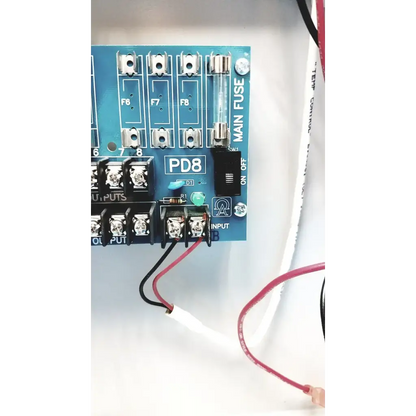 Blue pd8 power distribution board with silver terminal blocks and labeled fuse slots on altronix smp5ctx power supply