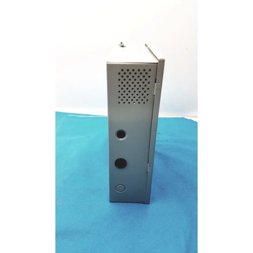Gray metal industrial enclosure with perforated panel and circular cutouts for altronix smp5ctx power supply charger