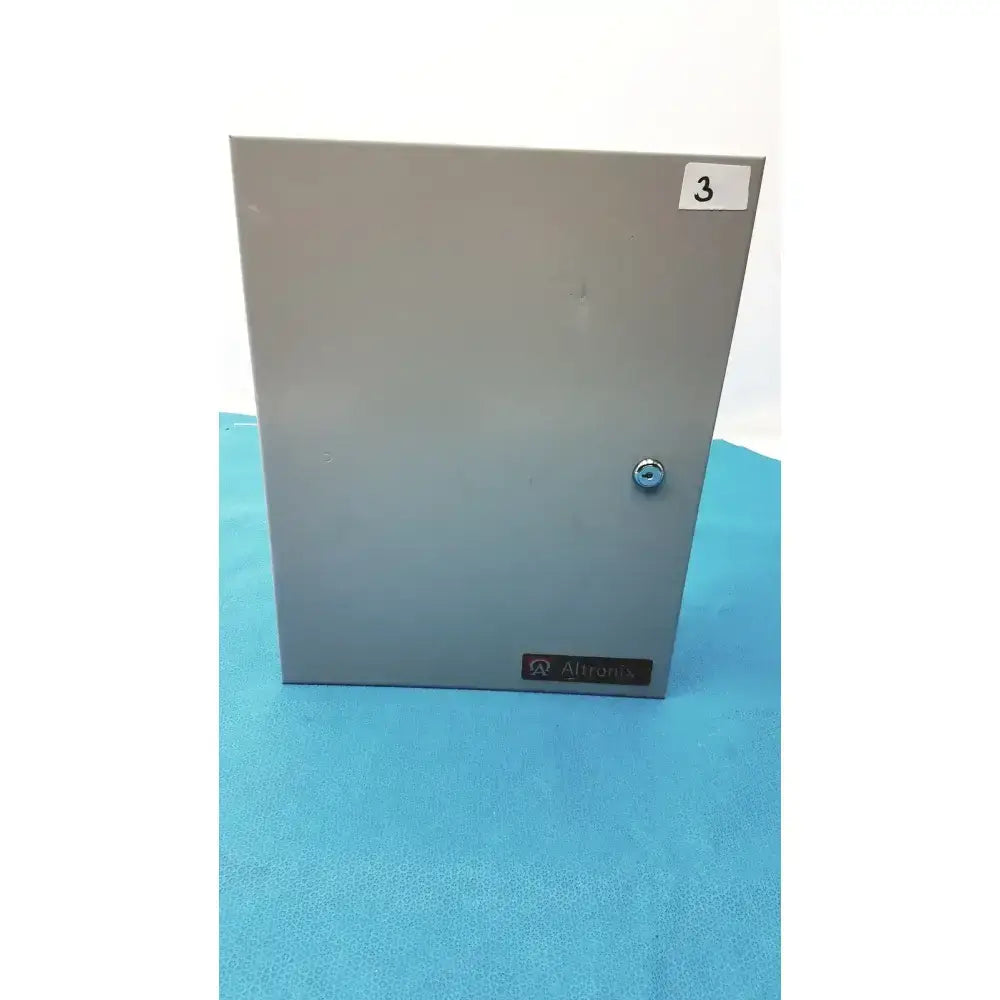 Gray metal electrical enclosure with single keyhole latch and alltronic label for smp7-ctx high current power supply