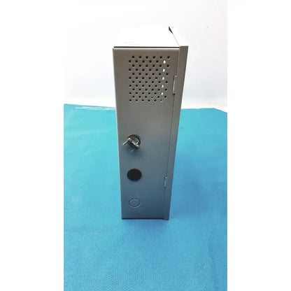 Gray metal locker with perforated panel and key lock for altronix smp7-ctx high current power supply charger