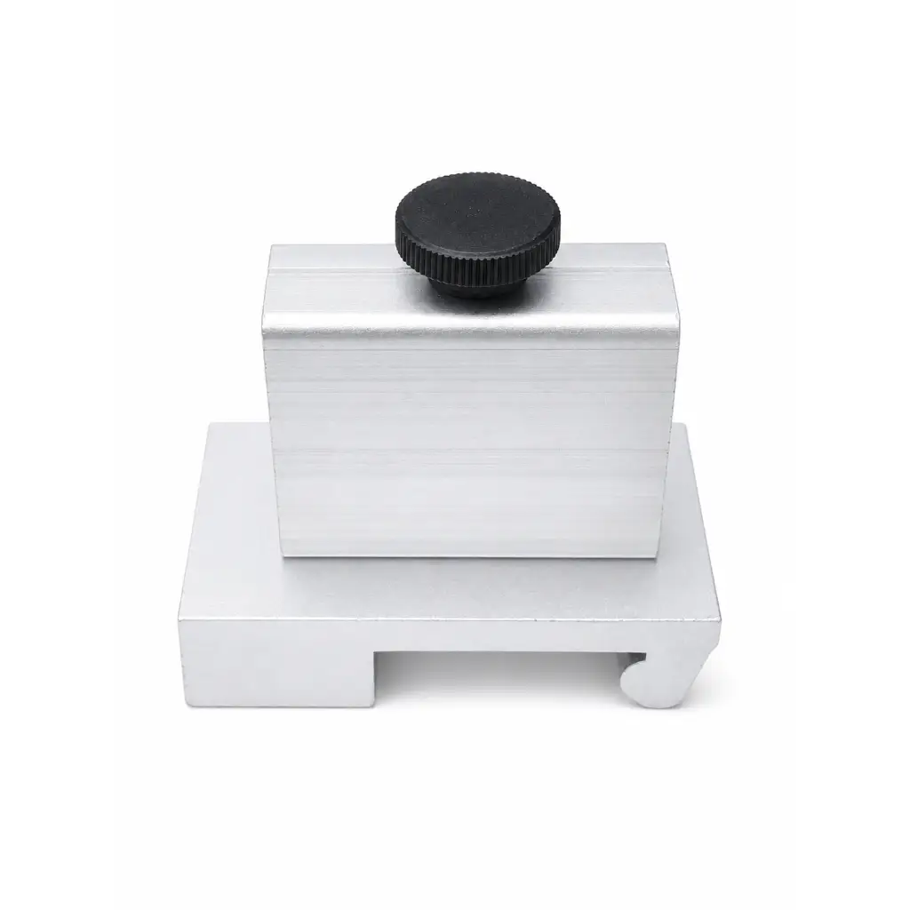 Silver aluminum medical equipment mounting clamp bracket with black textured knob biomed certified design