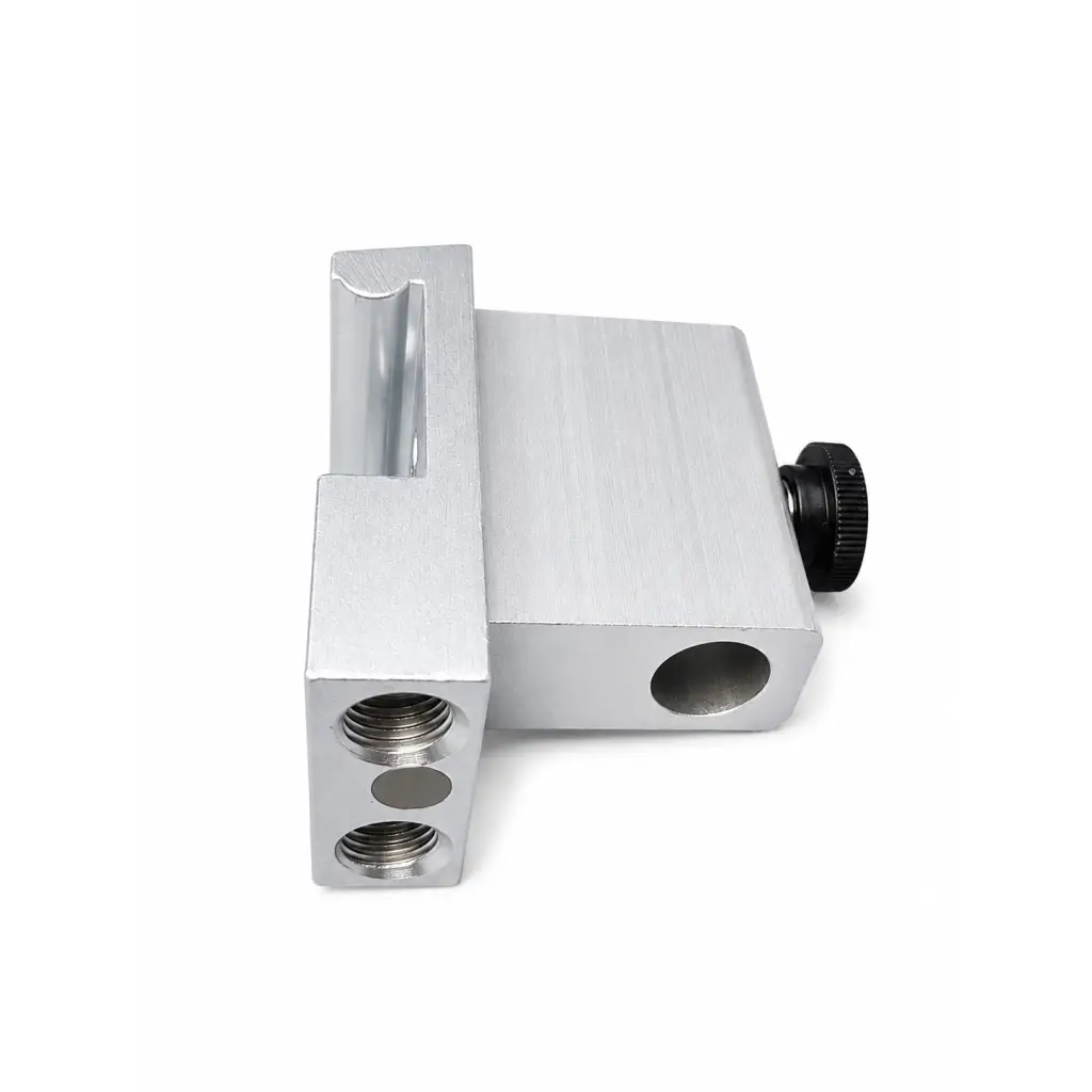 Silver aluminum medical equipment mounting clamp bracket with black knurled adjustment knob biomed certified