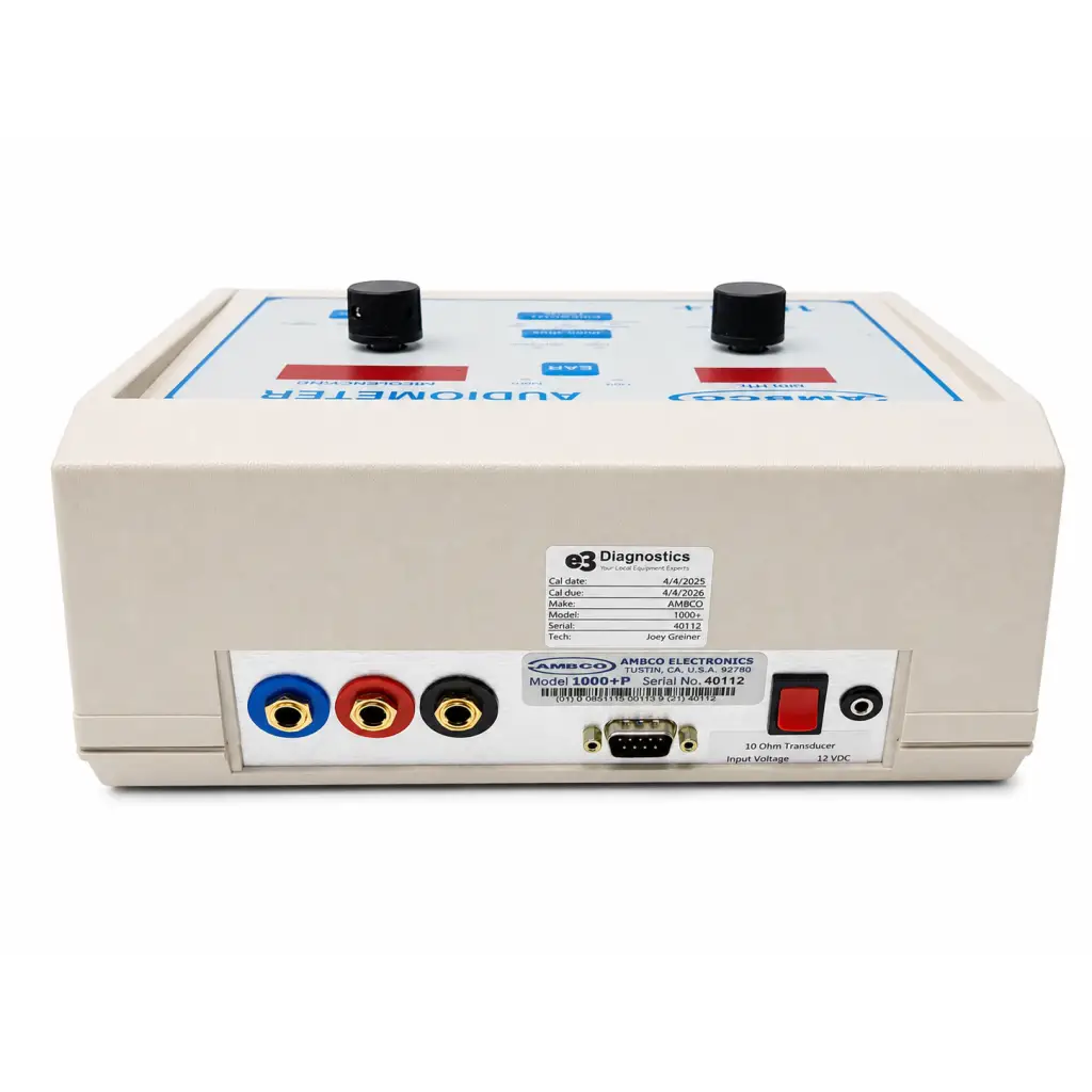 Beige AMBCO 1000+ audiometer with black knobs red power switch color-coded jacks biomed certified medical equipment