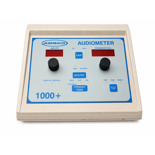 Beige ambco 1000 plus audiometer with blue control panel and red digital displays for qualified personnel medical equipment