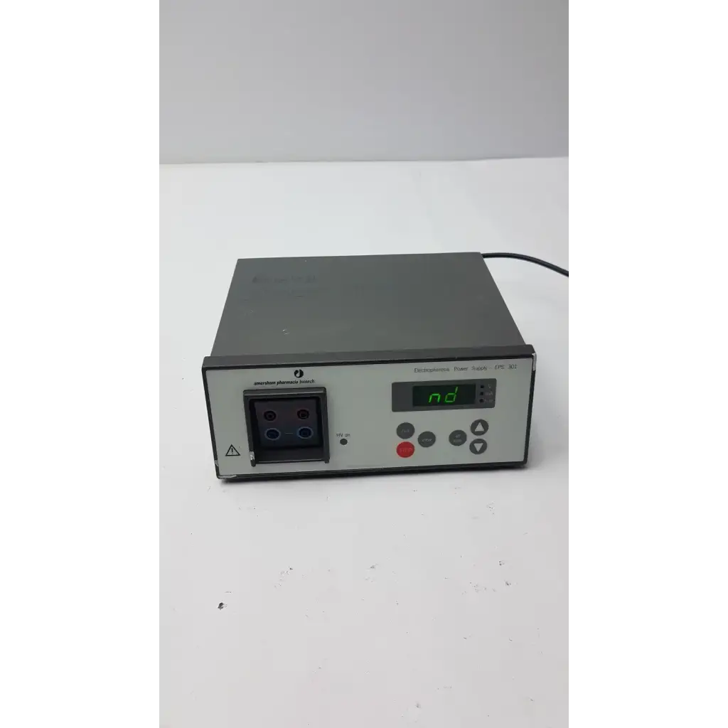 Black and silver amersham pharmaciia biotech power supply eps 301 with digital display showing nd for biotech power supply use
