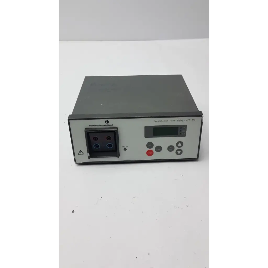 Gray metal amersham pharmaciia biotech power supply eps 301 with digital display and control buttons for electrophoresis