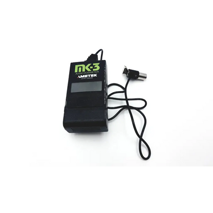 Black ametek audio dosimeter mk3 with digital display and attached black cable in acoustical calibrator ac-94 plus case