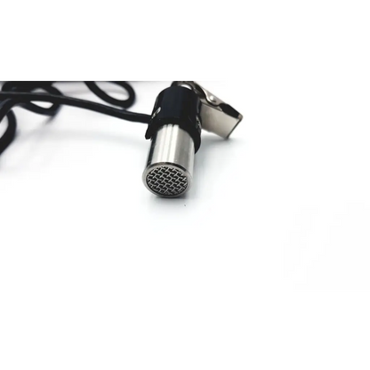A sleek silver lavalier microphone with black clip and mesh grille in ametek audio dosimeter mk3 plus case