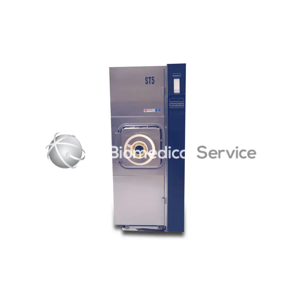 Silver stainless steel amsco eagle 3000 series small sterilizer with blue control panel and circular door seal