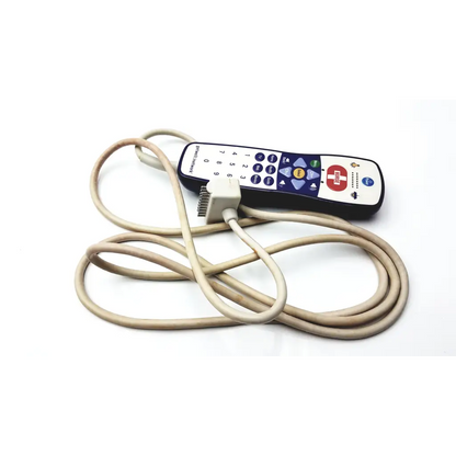 A beige coiled cable connected to a black and white remote control with multicolor buttons for anacom medtek a1804-088dj