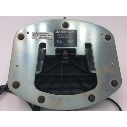 Silver metallic anspach e-fp foot switch with black plastic components and central mounting bolt from blue belt technologies