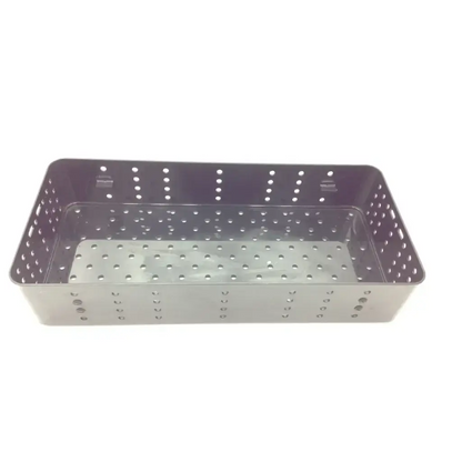Rectangular metal tray with perforated design and reflective interior for anspach micro max plus neurosurgery use