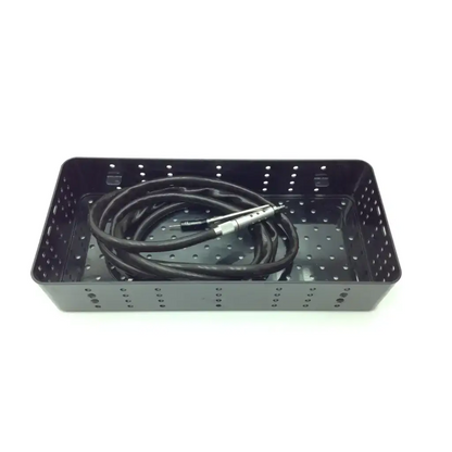 Black perforated metal tray holding a coiled black cable with silver connector for anspach micro max plus neurosurgery