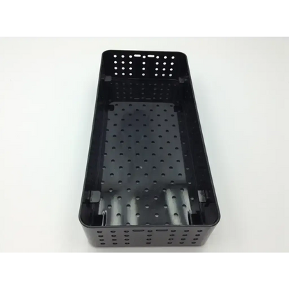 Black perforated plastic storage tray with rectangular shape and holes for anspach micro max plus neurosurgery use