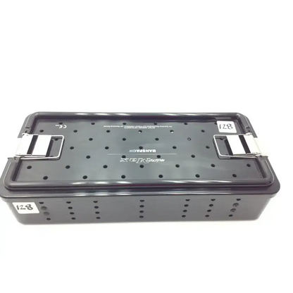 Black plastic surgical instrument tray with silver metal latches and circular holes for anspach micro max plus neurosurgery