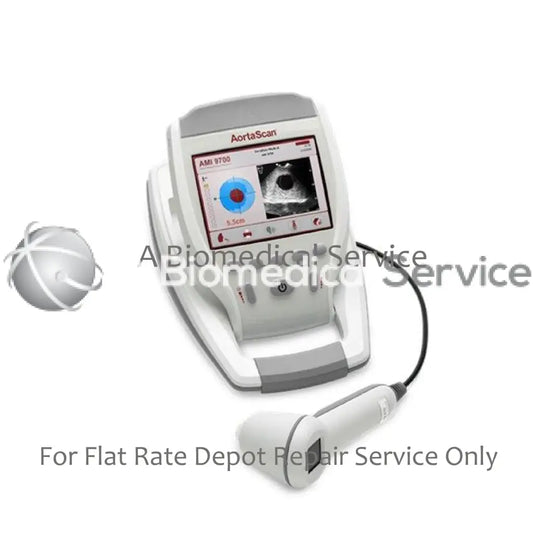 White and gray aortascan ami 9700 ultrasound machine with digital display showing medical imaging for repair service