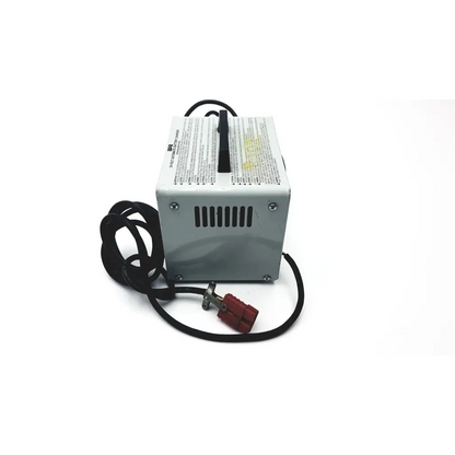 Gray metal APA 20698124 volt automatic battery charger with black power cord and red connector for charging batteries