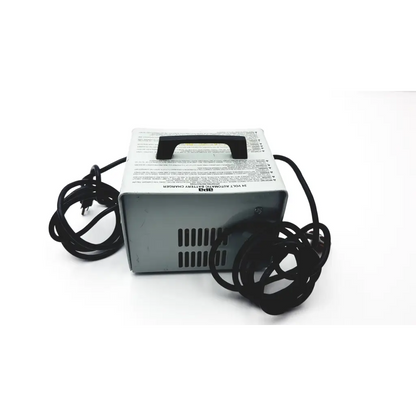 Silver rectangular APA 206981 24 volt automatic battery charger with black power cord and handle for easy use