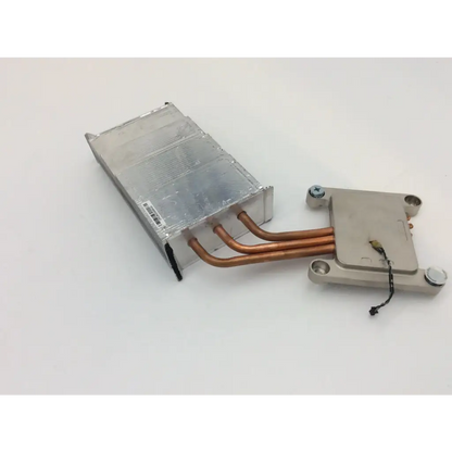 Silver aluminum heat sink with copper tubing and gray plastic mount on imac a1312 late 512mb video card back side