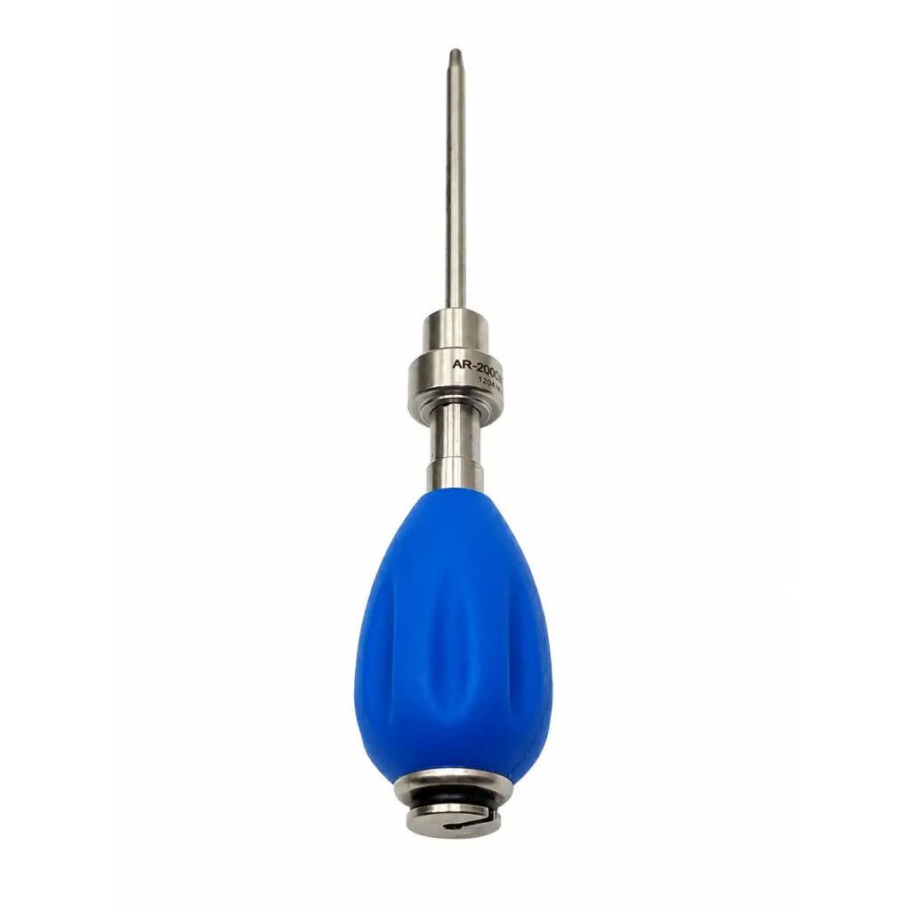 Ar-2001bt blue surgical driver instrument with blue rubber-handled suction bulb and metallic threaded connector