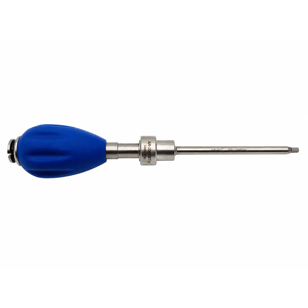 Ar-2001bt blue surgical driver instrument with blue rubber handle and metallic shaft featuring engraved model number