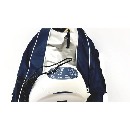 White arjo-huntleigh auto logic pressure pump with inflatable jetpack and navy blue striped jacket draped over it