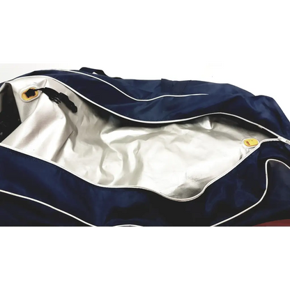 Navy blue duffel bag with white trim and reflective silver interior lining for arjo-huntleigh 630003 auto logic pressure pump
