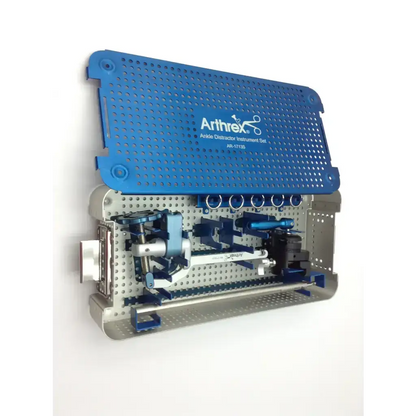 Blue perforated arthrex ankle distractor instrument set in metallic case for precise ankle distractor procedures