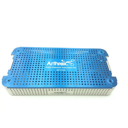 Blue perforated metal tray labeled arthrex ankle distractor instrument set ar-17138 for ankle distractor instrument use
