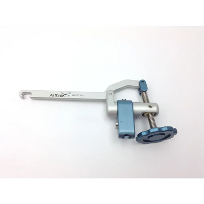 Silver and blue arthrex ar-1713-01 surgical clamp with curved handle and adjustable screw for ankle distractor instrument use