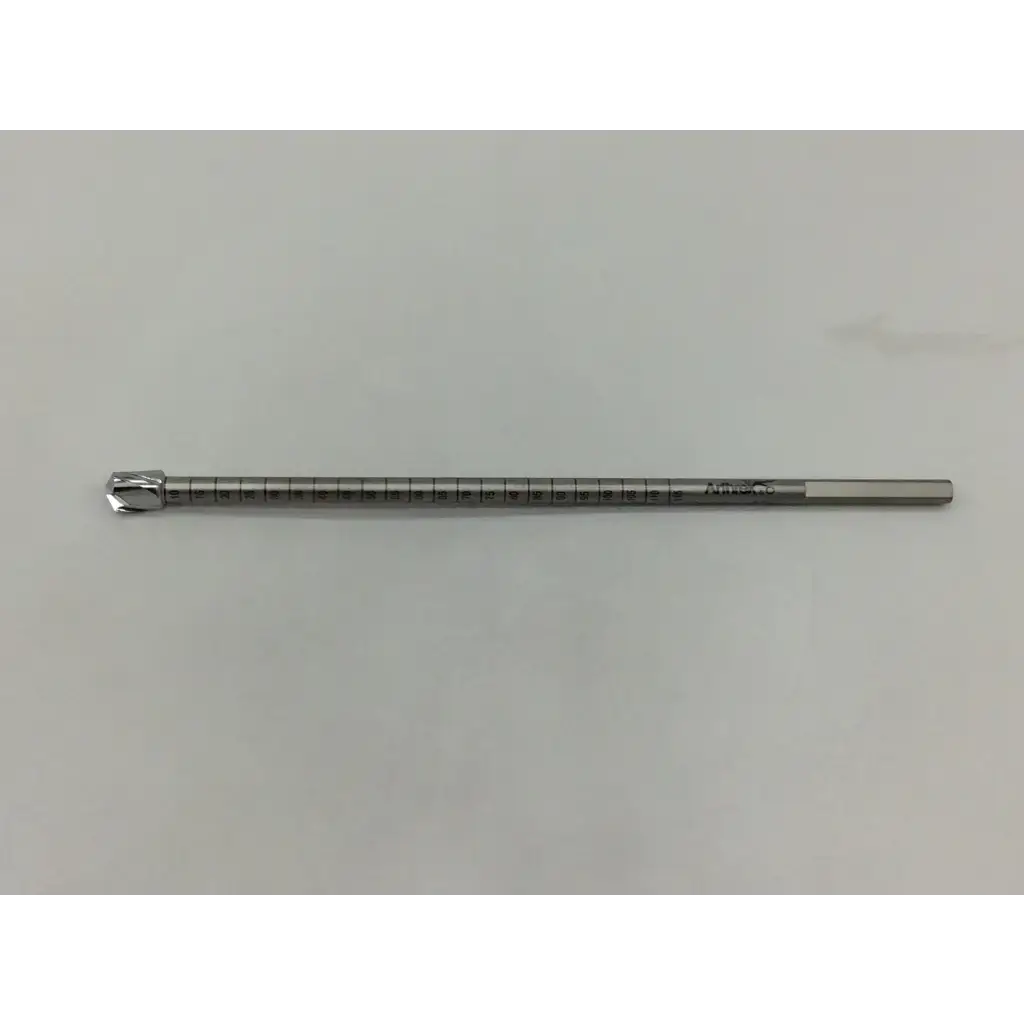 Silver-colored metal arthrex ar-1409.5 surgical headed reamer with engraved markings and rounded tip for arthroscopic drill use