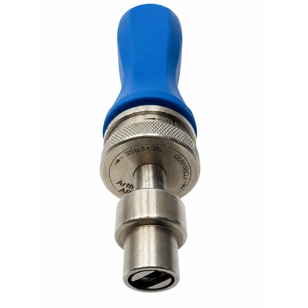 Arthrex AR-1999 blue quick-release surgical instrument handle with metallic body and engraved directional markings