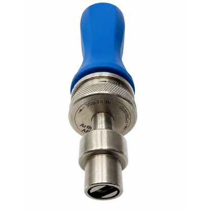 Arthrex AR-1999 blue quick-release surgical instrument handle with metallic body and engraved directional markings
