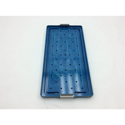 Blue plastic arthrex surgical orthopedic transfix ii acl tray with silver metal clasp and engraved layout markings