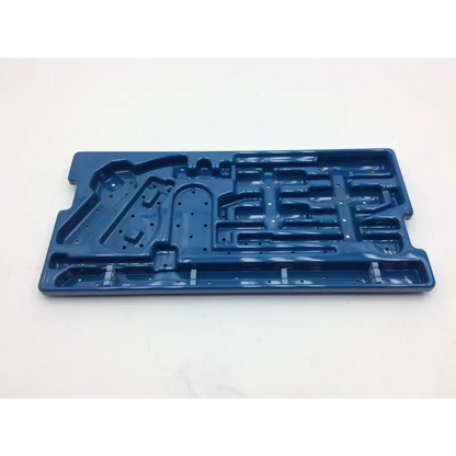 Blue plastic arthrex surgical orthopedic transfix ii acl reconstruction case tray with molded compartments and perforations
