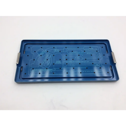 Blue plastic arthrex surgical orthopedic transfix ii acl reconstruction case tray with metal handles and molded compartments
