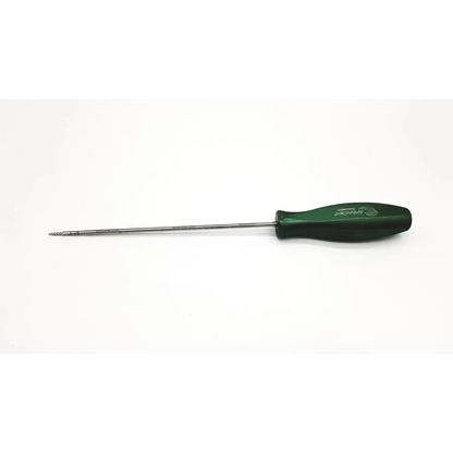 Green-handled precision screwdriver with slender metallic shaft and fine-point tip for arthrocare 3mm bio tap orthopedic use