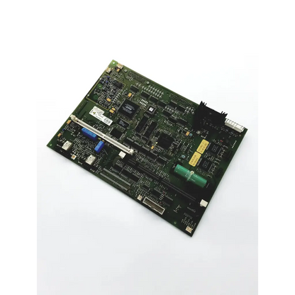 Green printed circuit board with black chips blue and green capacitors and white connectors in ascom rechboa a21a9615