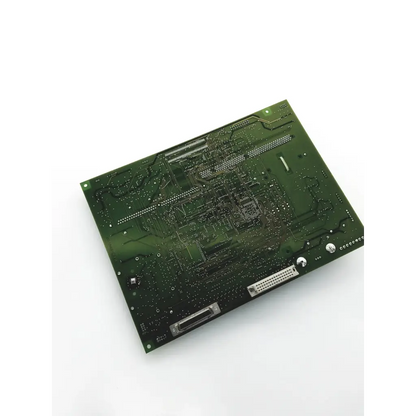 Green rectangular ascom rechboa a21a9615 printed circuit board with silver connectors and intricate copper traces