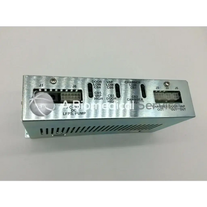 Silver metallic asp sterrad rev b distribution industrial control panel with labeled connectors and switches front view