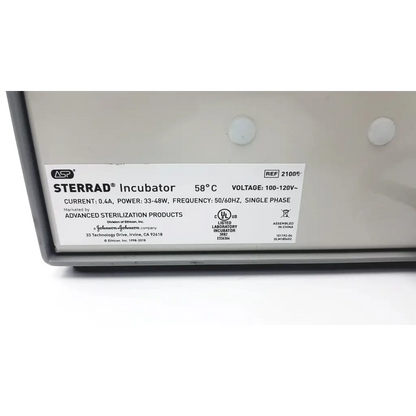 Gray metal asp sterrad lab incubator 18 well 58°C with white label showing specifications and 100-120v power details