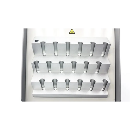 Silver metallic test tube rack with three rows of slots for asp sterrad 21005 lab incubator 18 well 100-120v