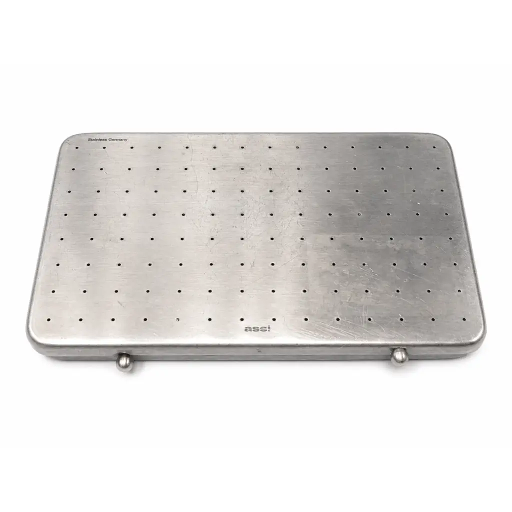 Silver stainless steel perforated instrument sterilization case tray with grid holes and ass brand engraving