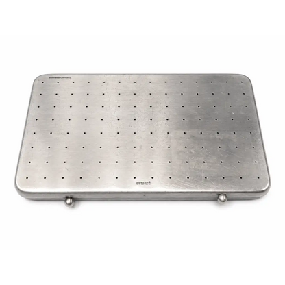 Silver stainless steel perforated instrument sterilization case tray with grid holes and ass brand engraving