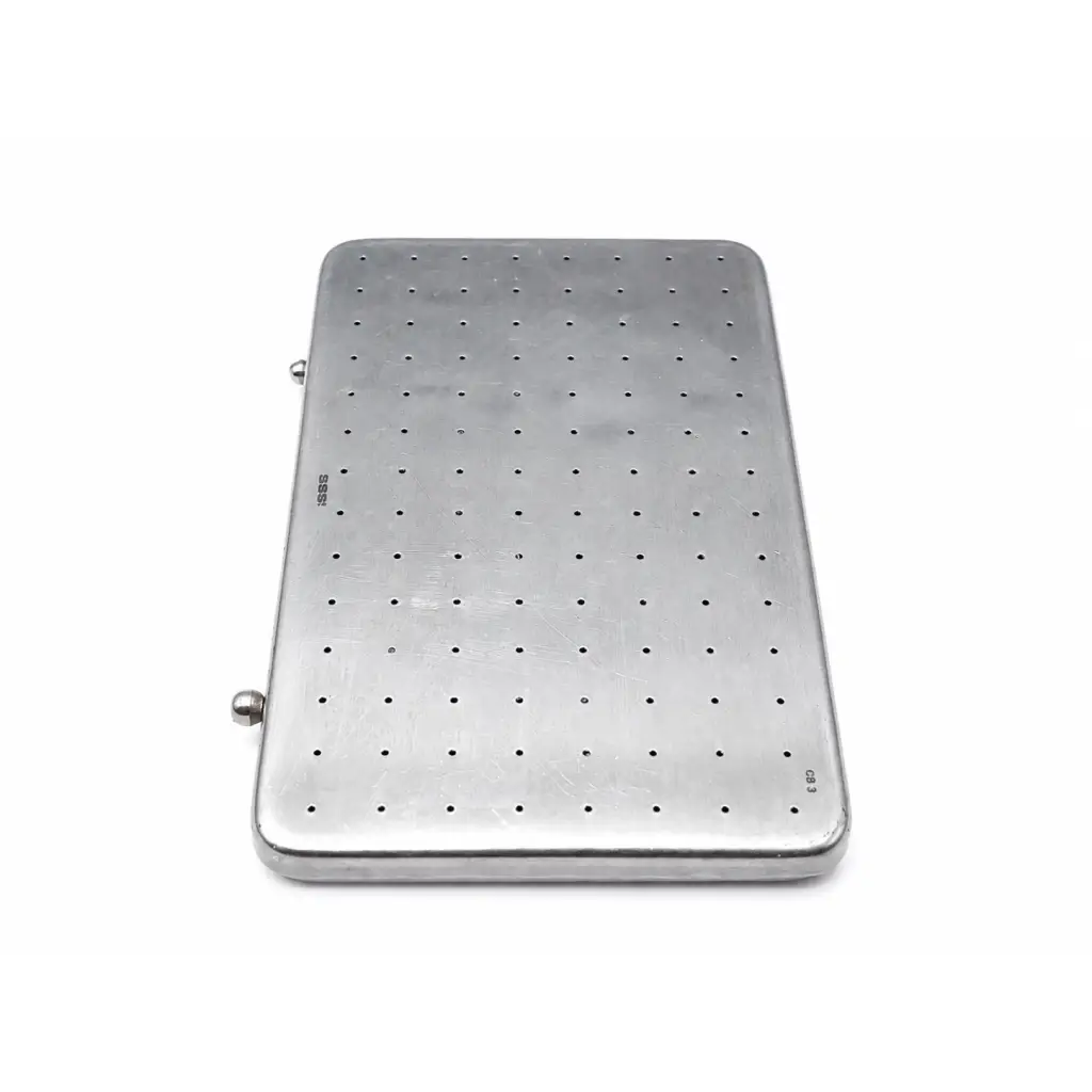 Silver stainless steel perforated instrument sterilization case with grid holes and rounded corners for sterilization use
