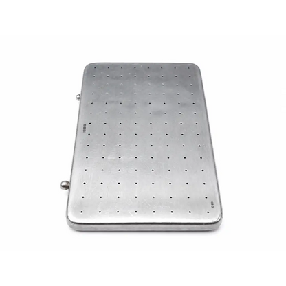 Silver stainless steel perforated instrument sterilization case with grid holes and rounded corners for sterilization use